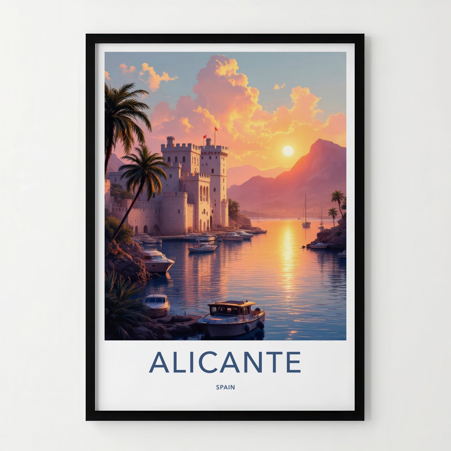 Alicante Poster - Spain Travel Art - Golden Sunset Harbor Home Decor