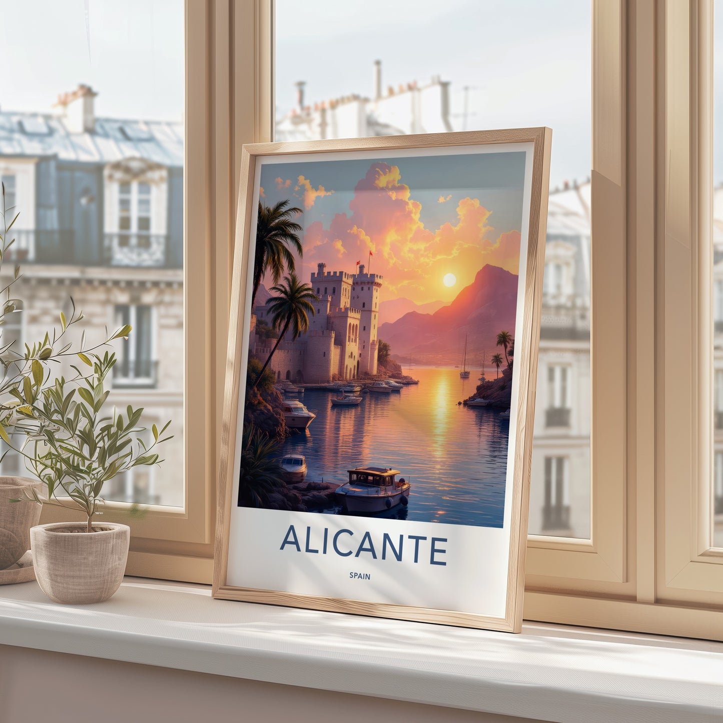 Alicante Poster - Spain Travel Art - Golden Sunset Harbor Home Decor
