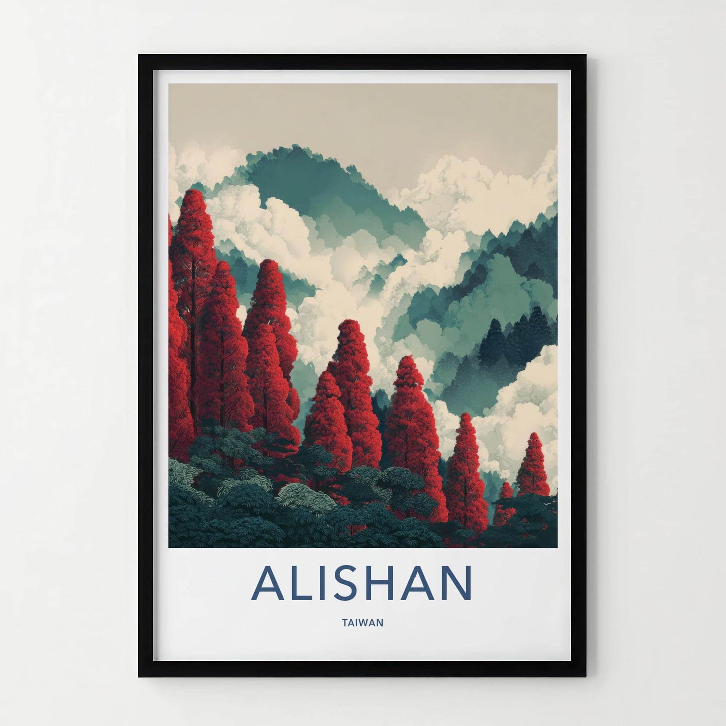 Alishan Poster - Taiwan Travel Illustration - Red Trees Misty Mountains Wall Decor