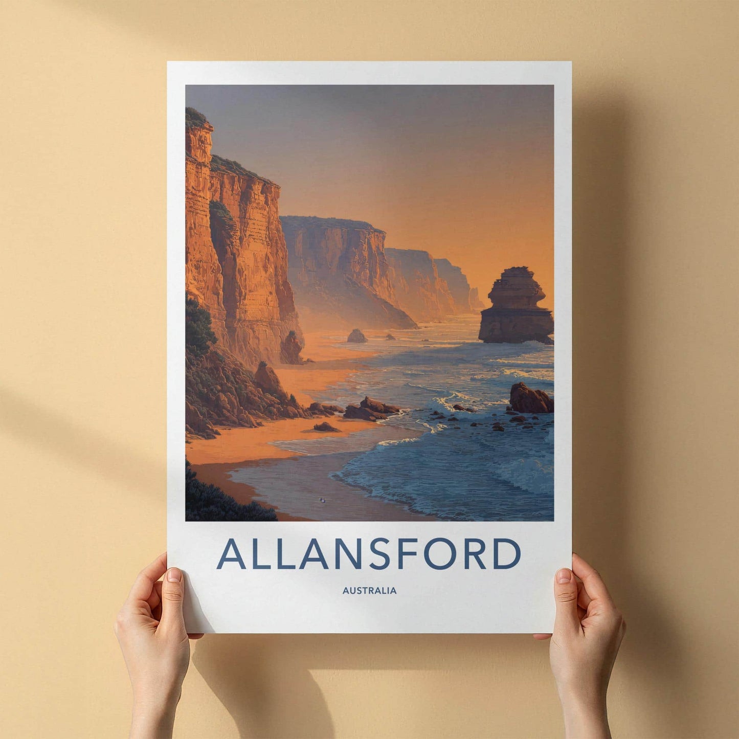 Allansford Poster - Australia Travel Illustration - Coastal Cliffs Sunset Home Decor