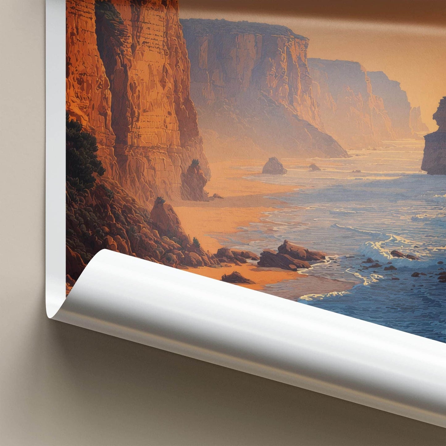 Allansford Poster - Australia Travel Illustration - Coastal Cliffs Sunset Home Decor