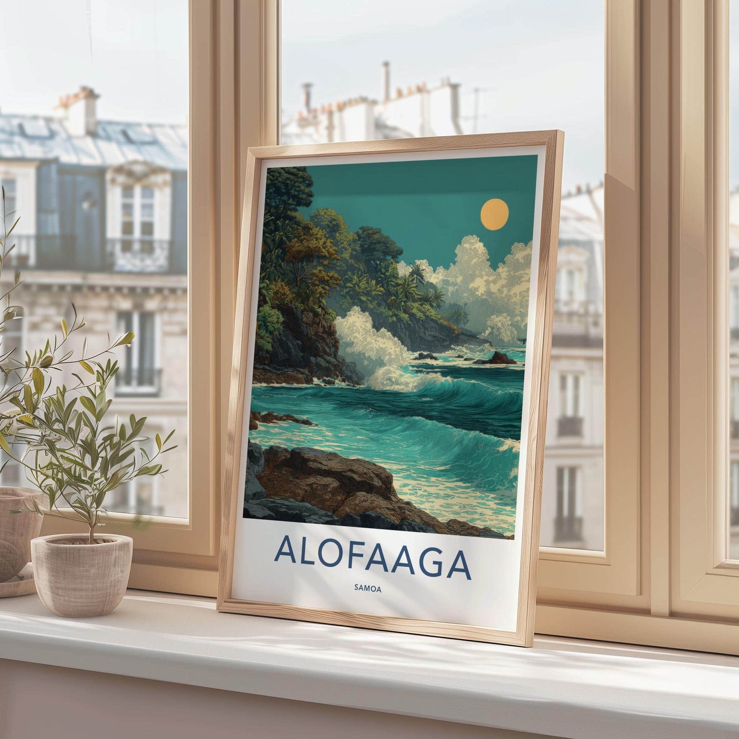 Alofaaga Poster - Samoa Travel Illustration - Crashing Waves Cliffs Wall Decor