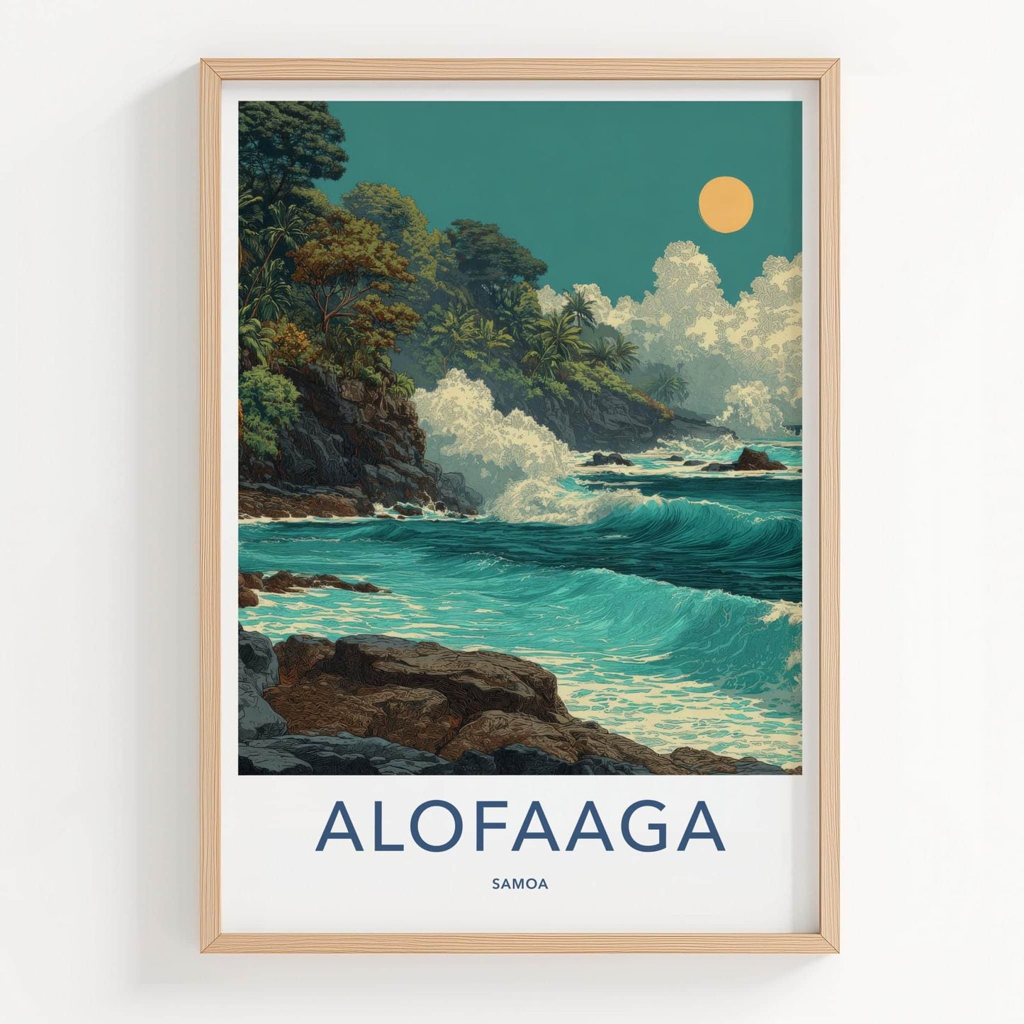 Alofaaga Poster - Samoa Travel Illustration - Crashing Waves Cliffs Wall Decor