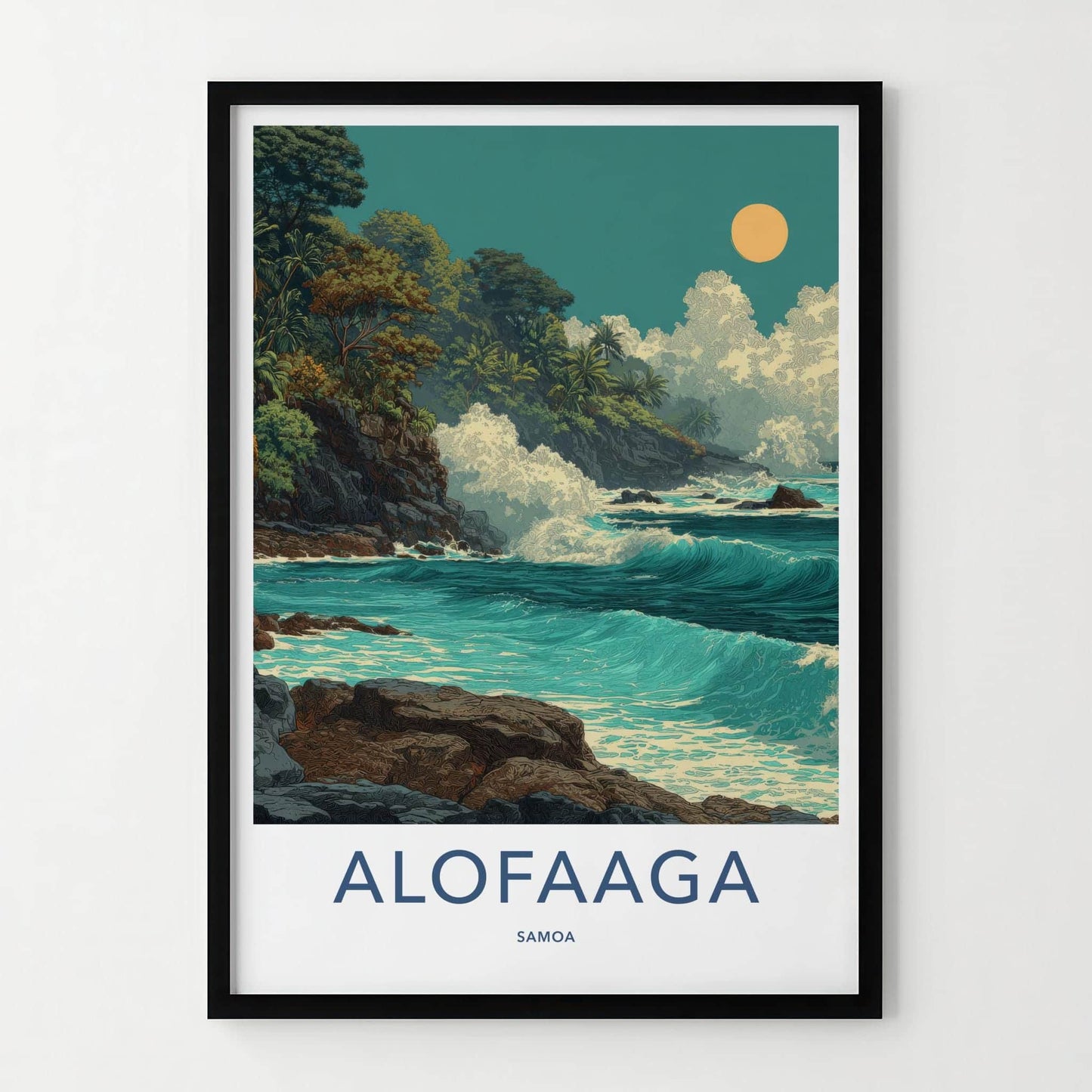 Alofaaga Poster - Samoa Travel Illustration - Crashing Waves Cliffs Wall Decor