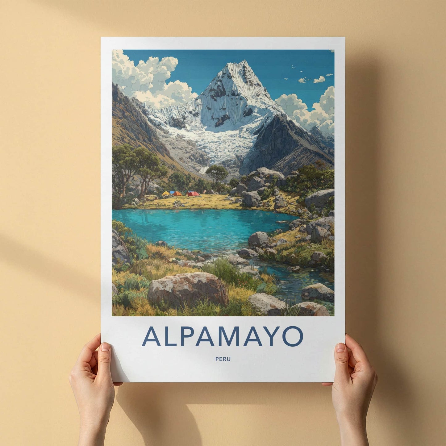 Alpamayo Poster - Peru Travel Art - Snowy Peak Lagoon Wall Decor