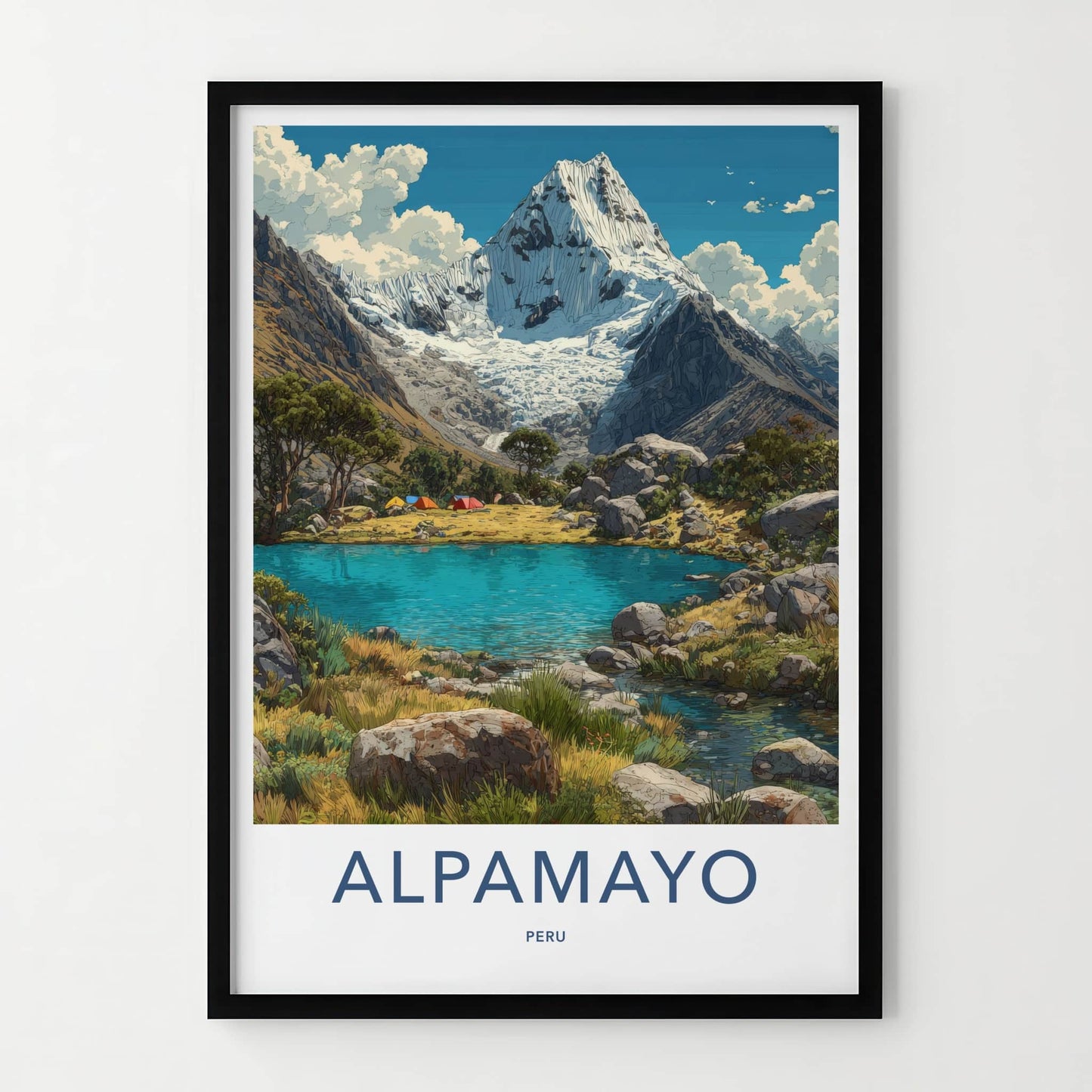 Alpamayo Poster - Peru Travel Art - Snowy Peak Lagoon Wall Decor