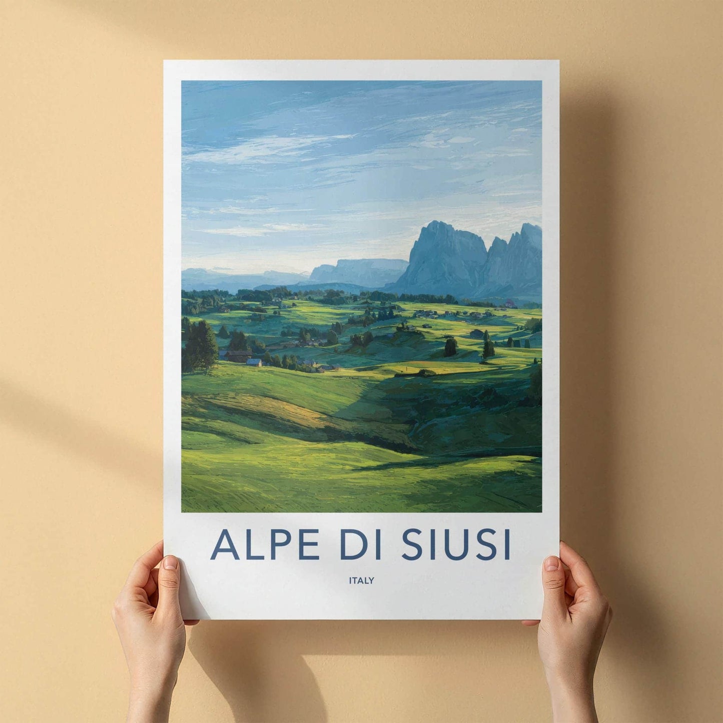 Alpe di Siusi Poster - Italy Travel Art - Green alpine meadows Wall Decor
