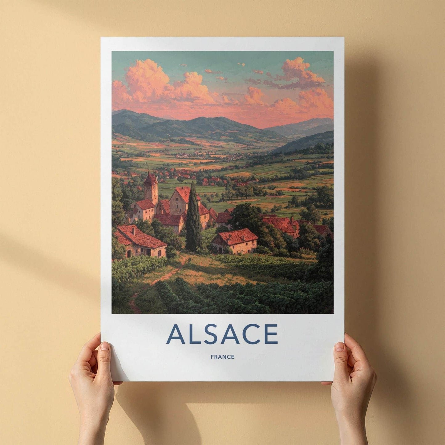 Alsace Poster - France Travel Art - Sunset Village Vineyards Wall Decor