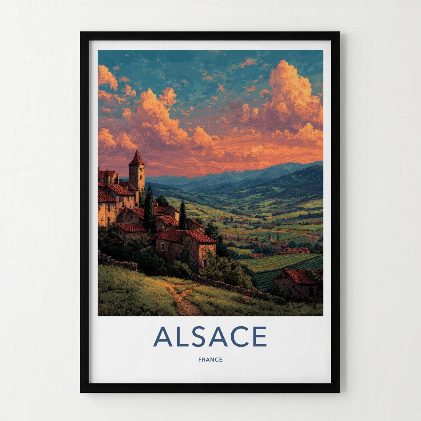 Alsace Poster - France Travel Illustration - Sunset Village View Home Decor