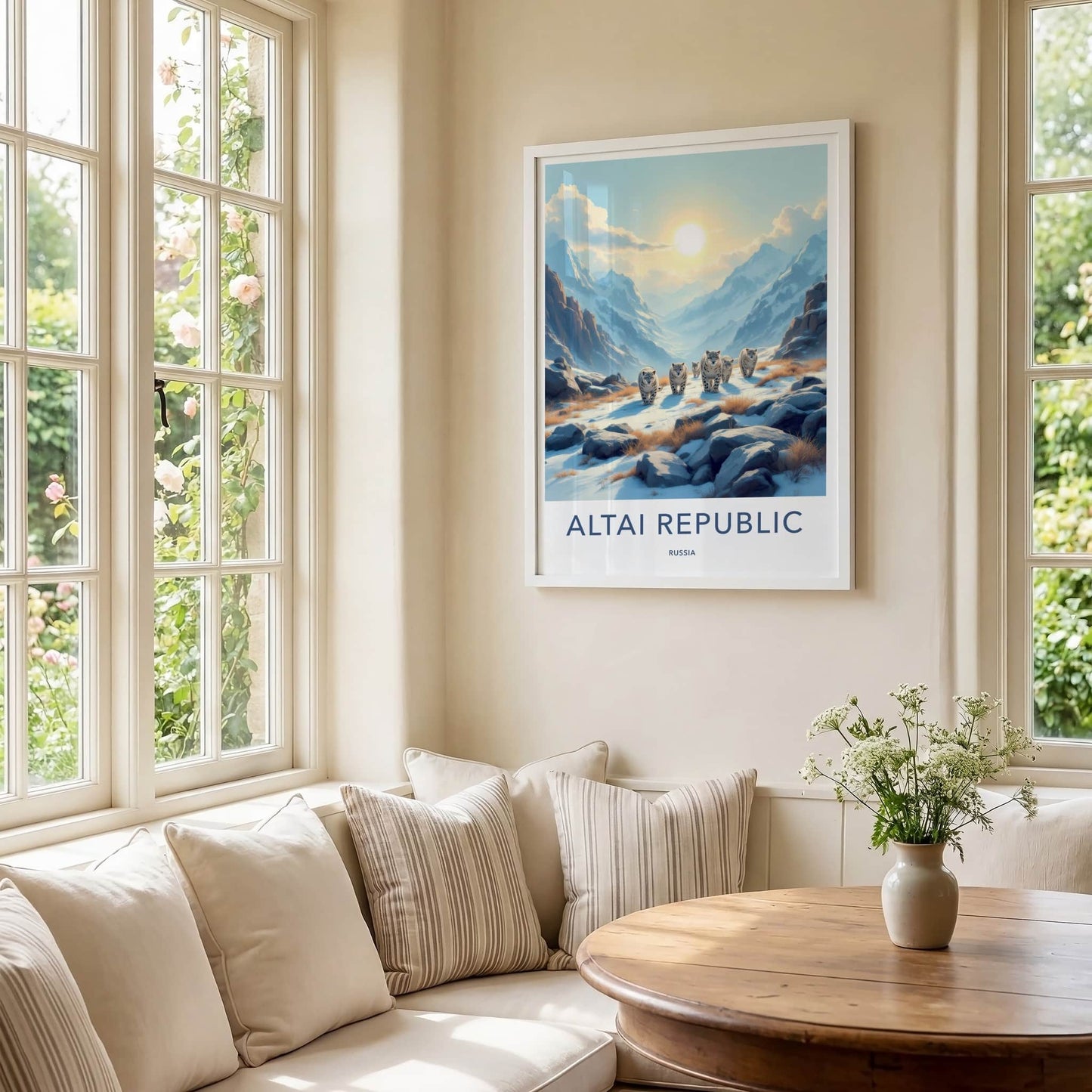 Altai Republic Poster - Russia Wall Art - Walking Snow Leopards Home Decor