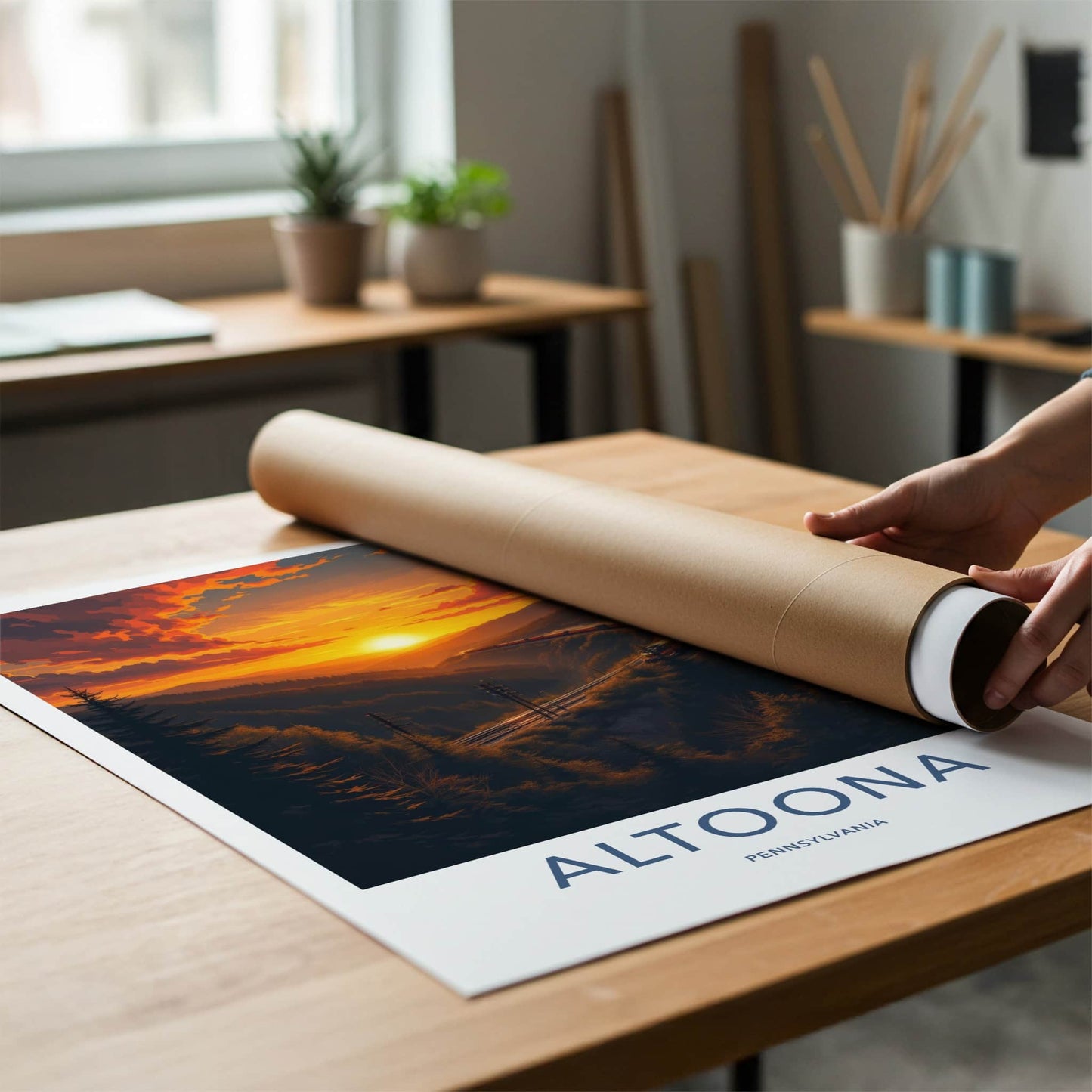 Altoona Poster - Pennsylvania Travel Art - Curving Train Sunset Wall Decor