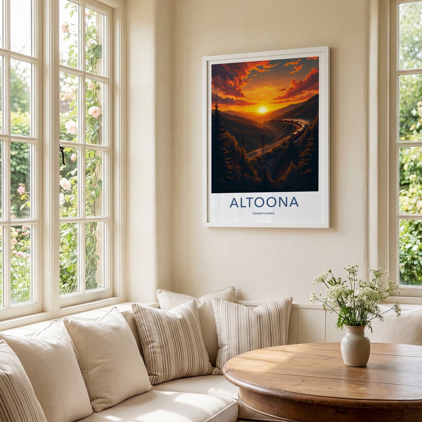 Altoona Poster - Pennsylvania Travel Art - Curving Train Sunset Wall Decor