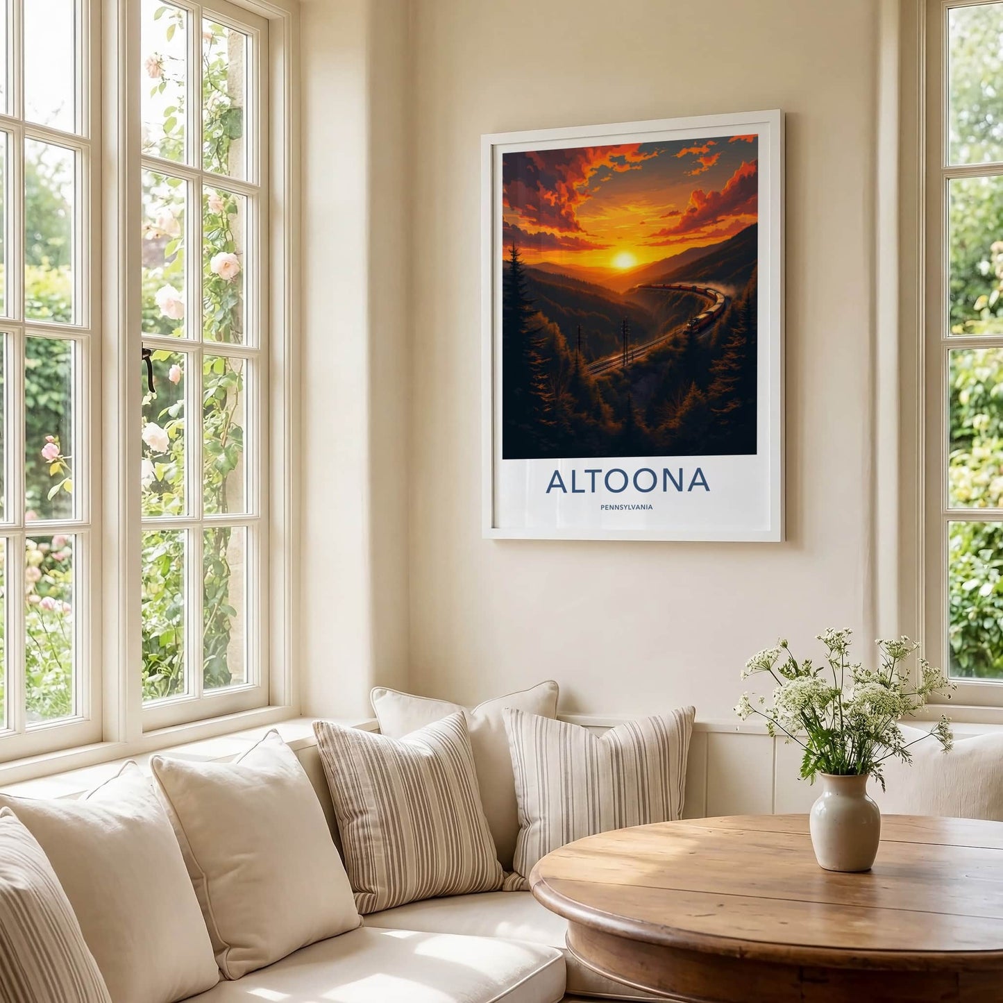 Altoona Poster - Pennsylvania Travel Art - Curving Train Sunset Wall Decor