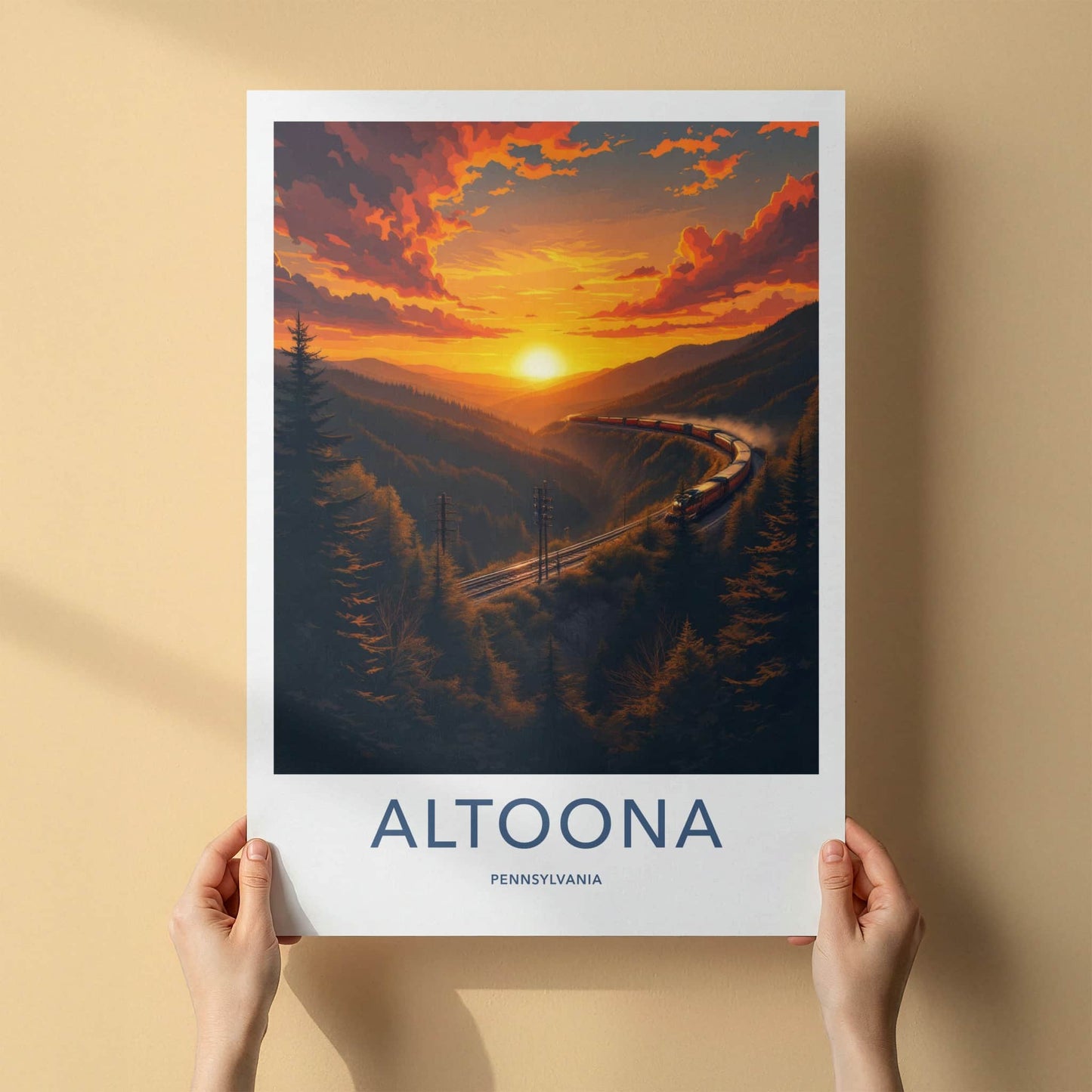 Altoona Poster - Pennsylvania Travel Art - Curving Train Sunset Wall Decor