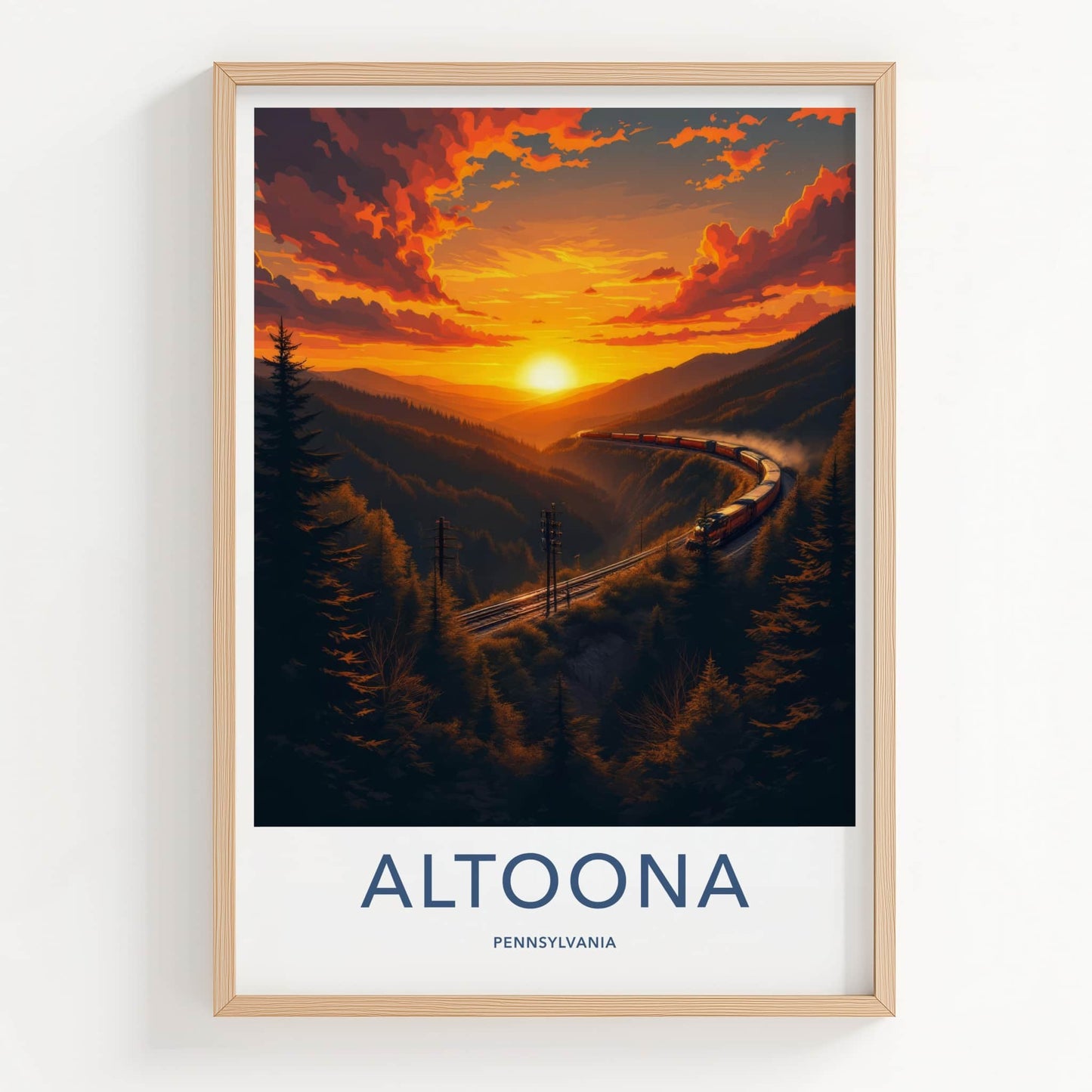 Altoona Poster - Pennsylvania Travel Art - Curving Train Sunset Wall Decor