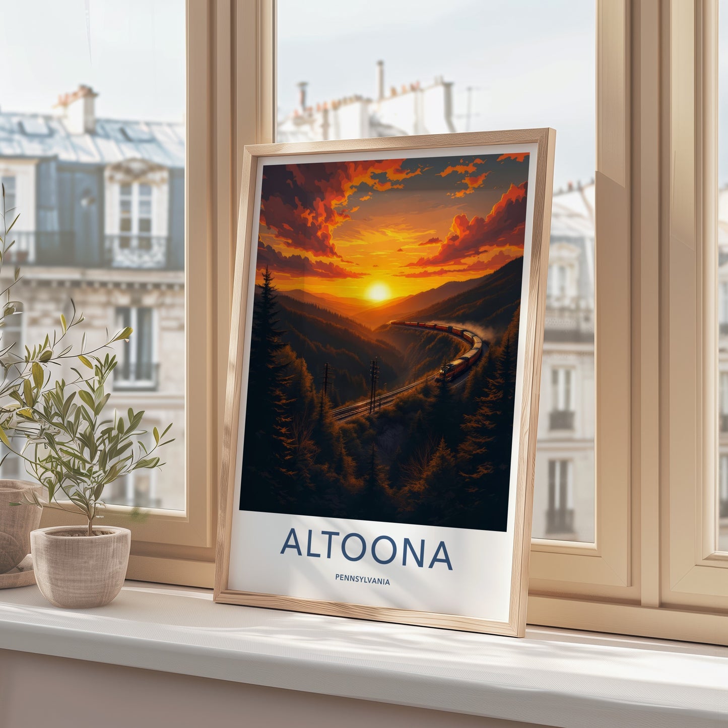 Altoona Poster - Pennsylvania Travel Art - Curving Train Sunset Wall Decor