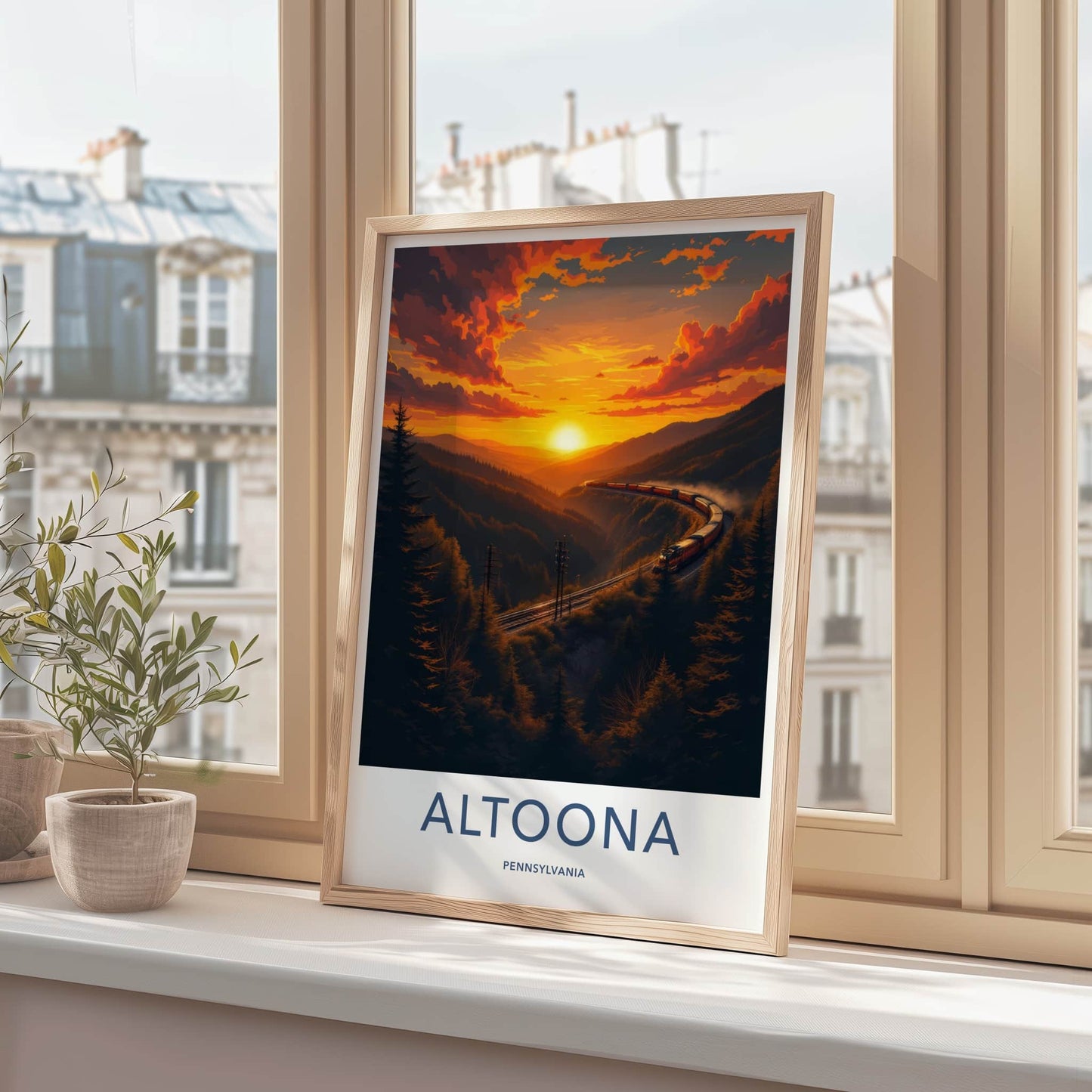 Altoona Poster - Pennsylvania Travel Art - Curving Train Sunset Wall Decor