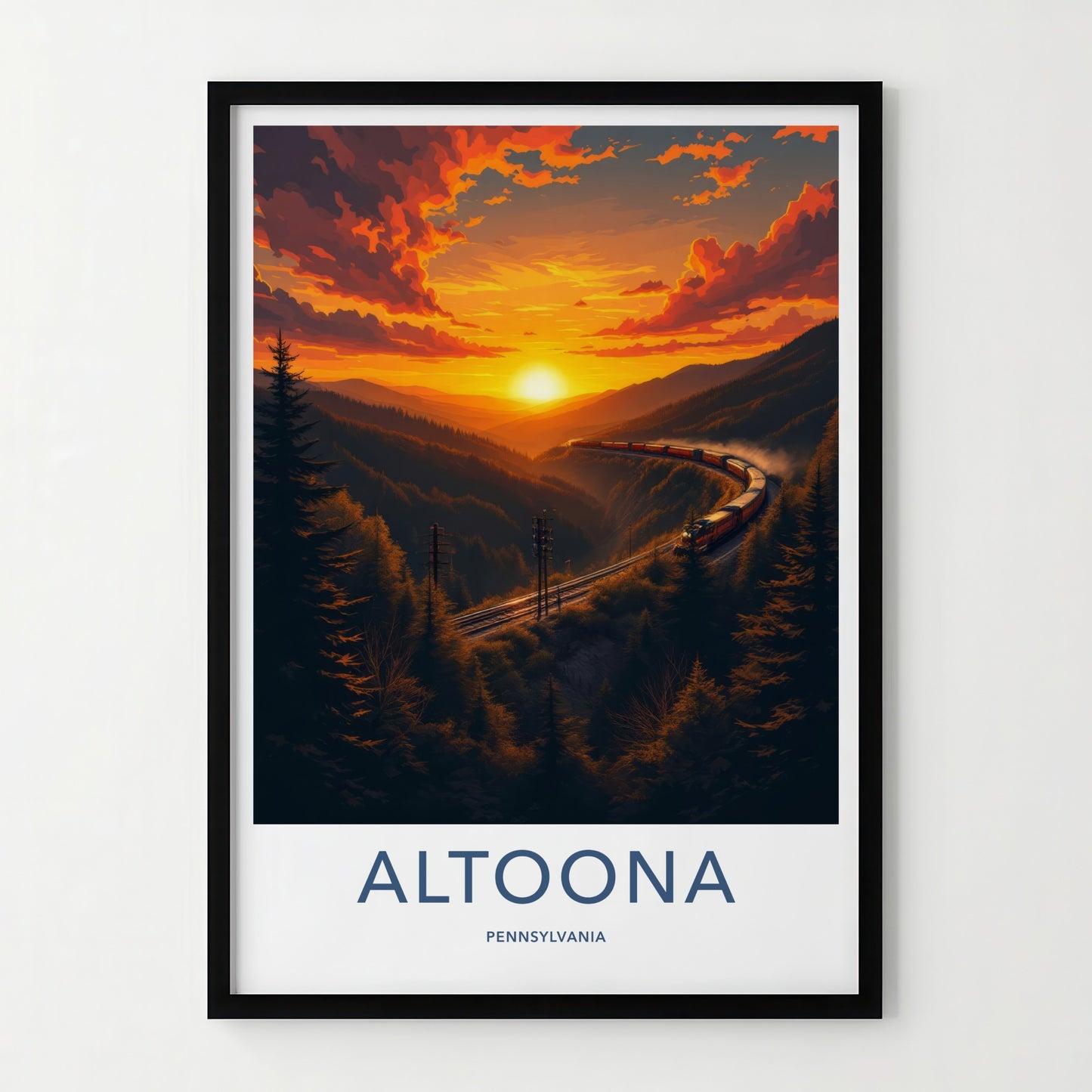 Altoona Poster - Pennsylvania Travel Art - Curving Train Sunset Wall Decor