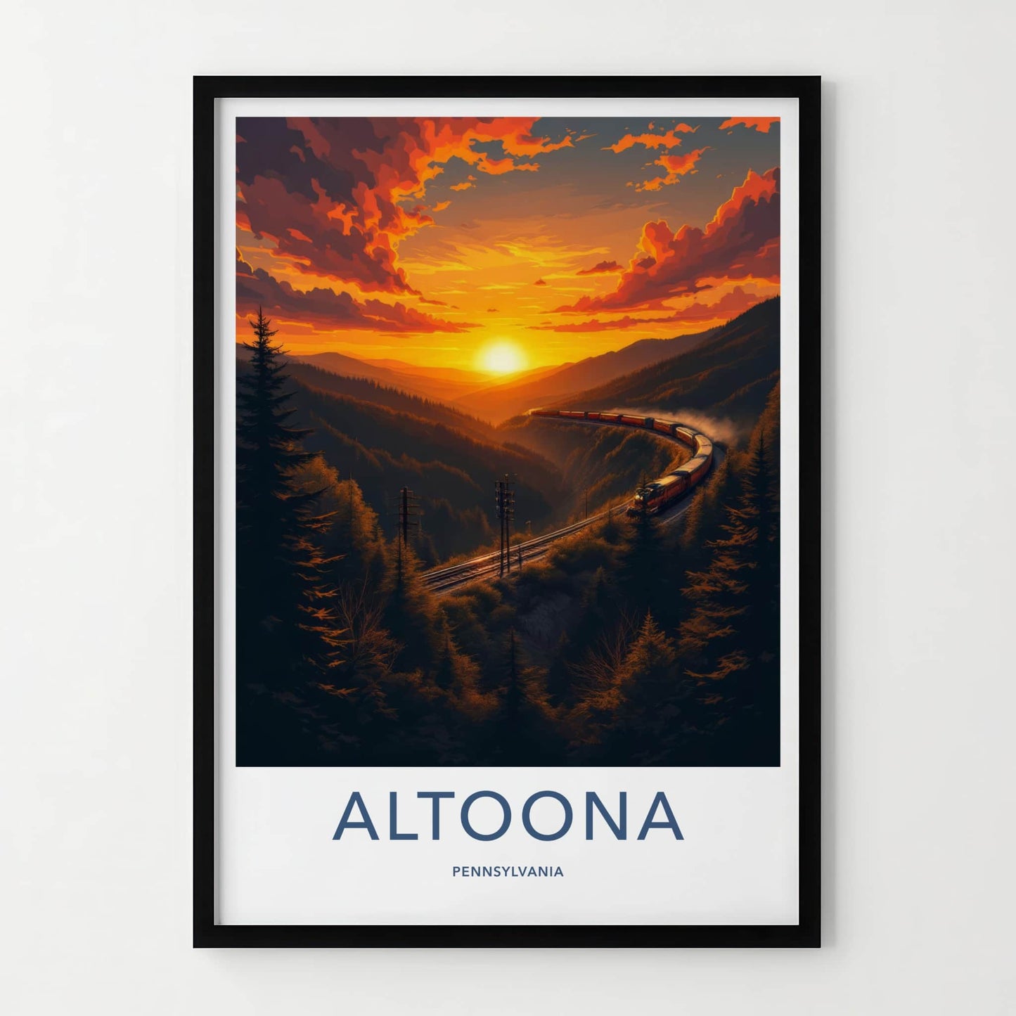 Altoona Poster - Pennsylvania Travel Art - Curving Train Sunset Wall Decor