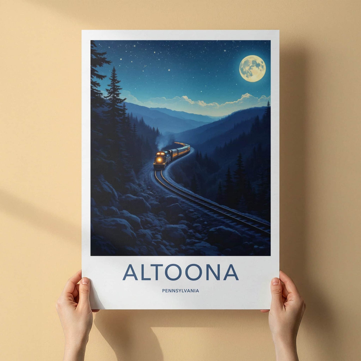 Altoona Poster - Pennsylvania Travel Art - Moonlit Mountain Train Home Decor
