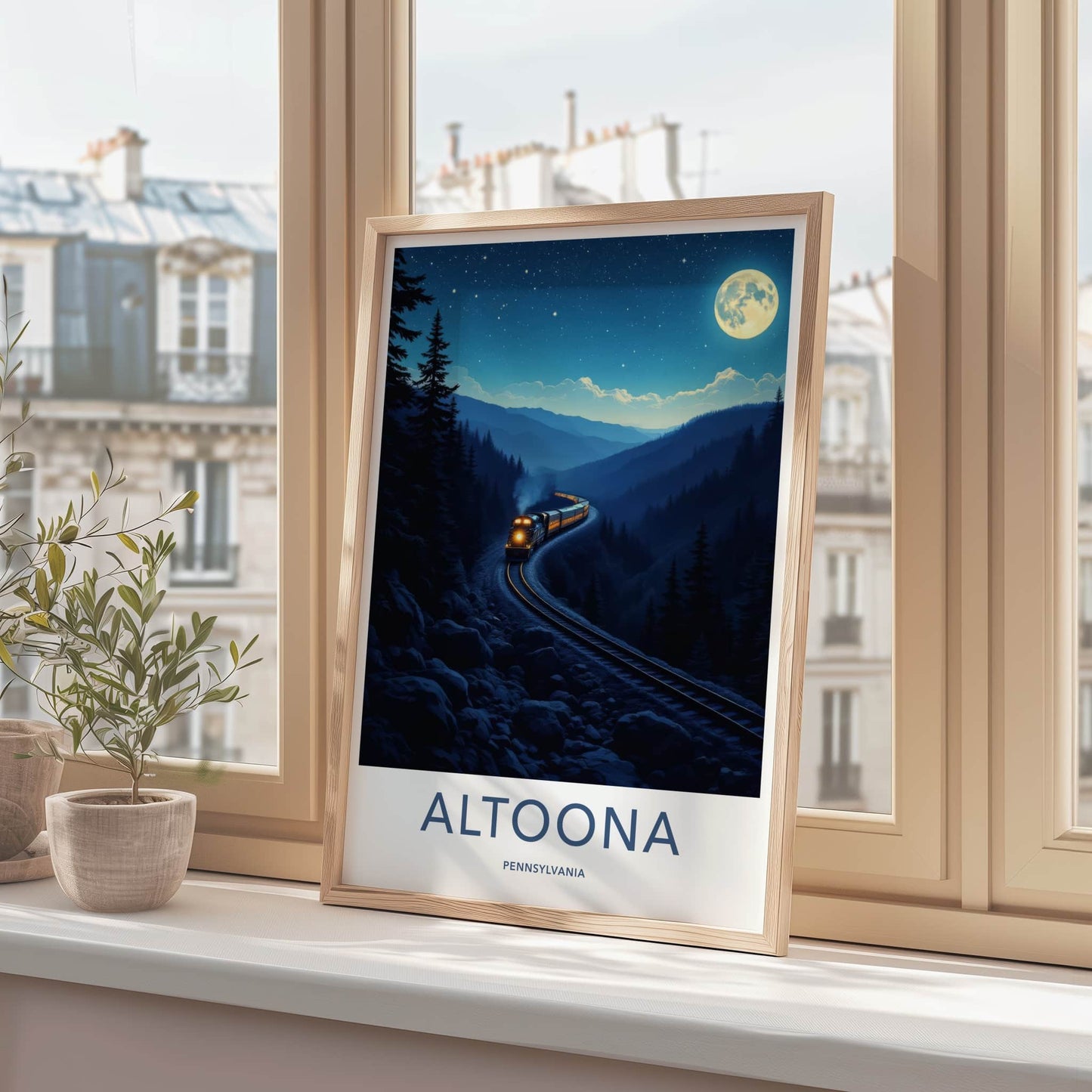 Altoona Poster - Pennsylvania Travel Art - Moonlit Mountain Train Home Decor