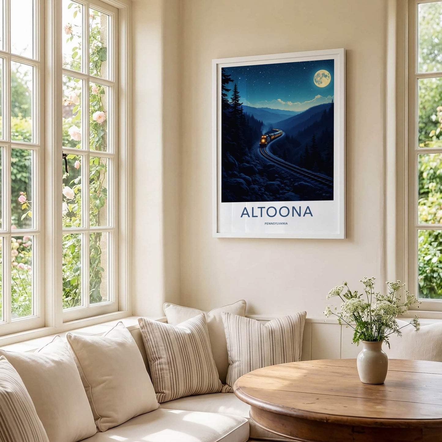 Altoona Poster - Pennsylvania Travel Art - Moonlit Mountain Train Home Decor