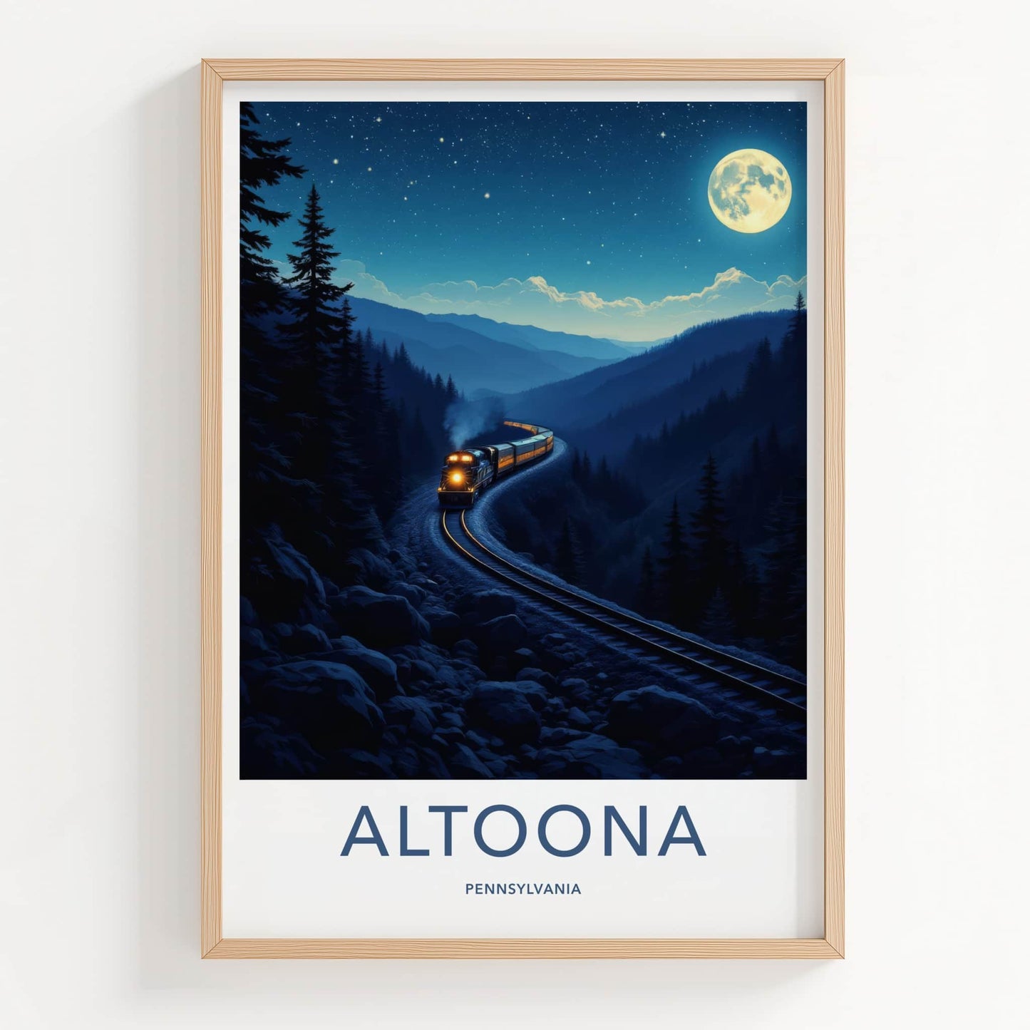 Altoona Poster - Pennsylvania Travel Art - Moonlit Mountain Train Home Decor