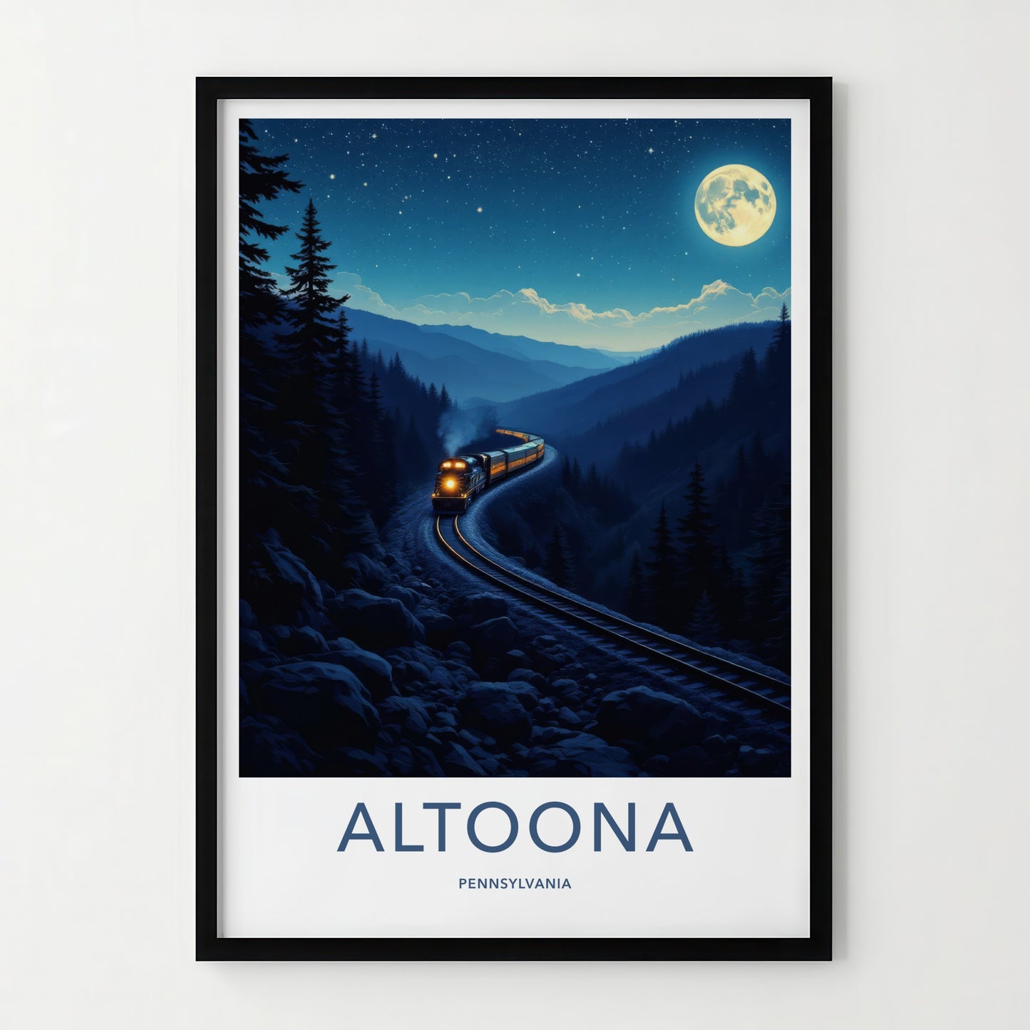 Altoona Poster - Pennsylvania Travel Art - Moonlit Mountain Train Home Decor