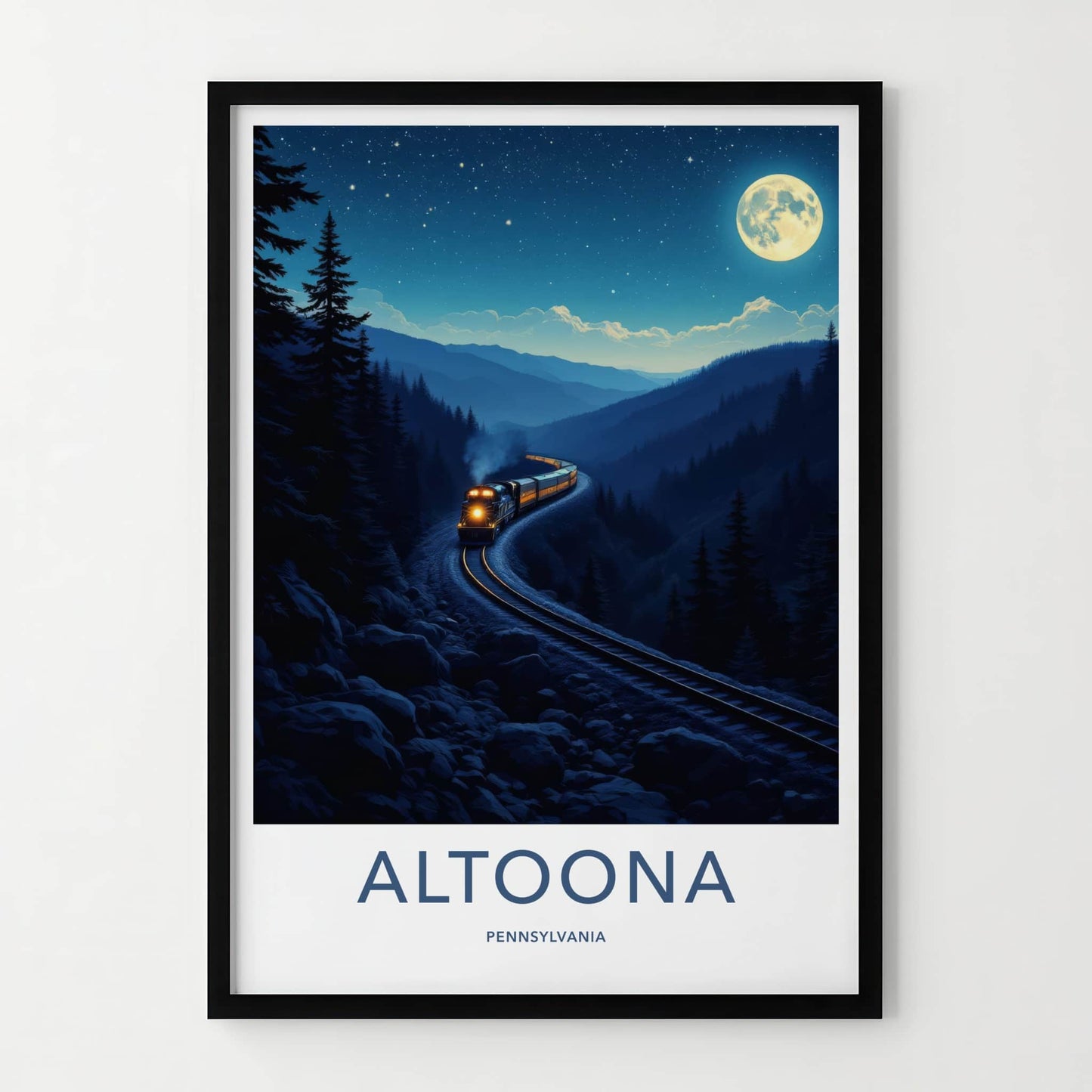 Altoona Poster - Pennsylvania Travel Art - Moonlit Mountain Train Home Decor