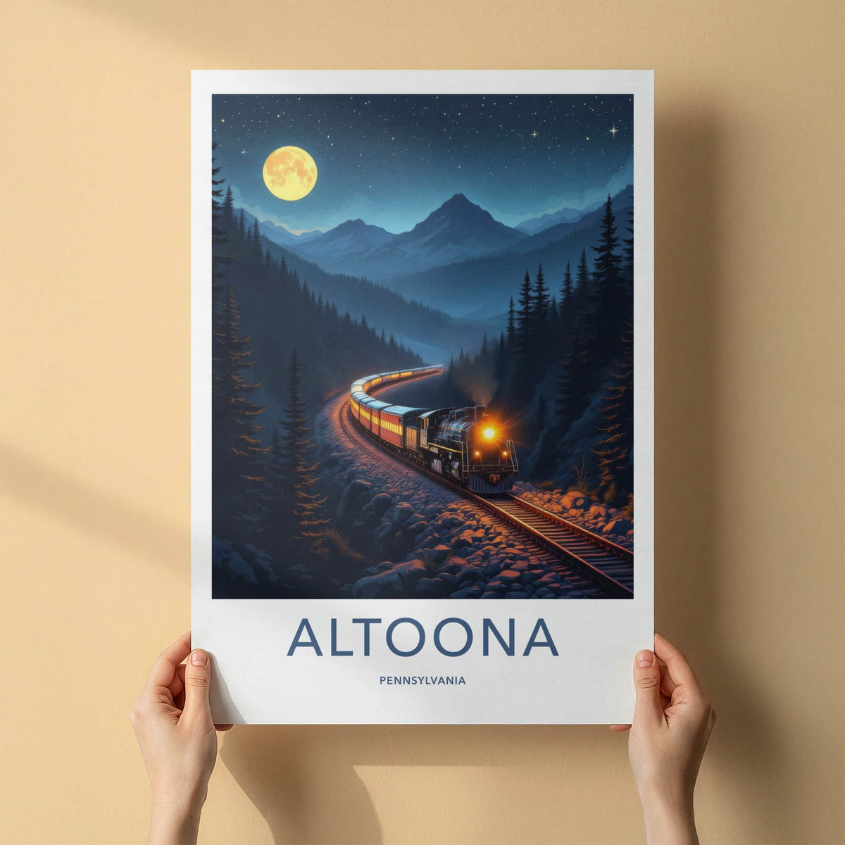 Altoona Poster - Pennsylvania Travel Art - Moonlit Train Mountains Home Decor