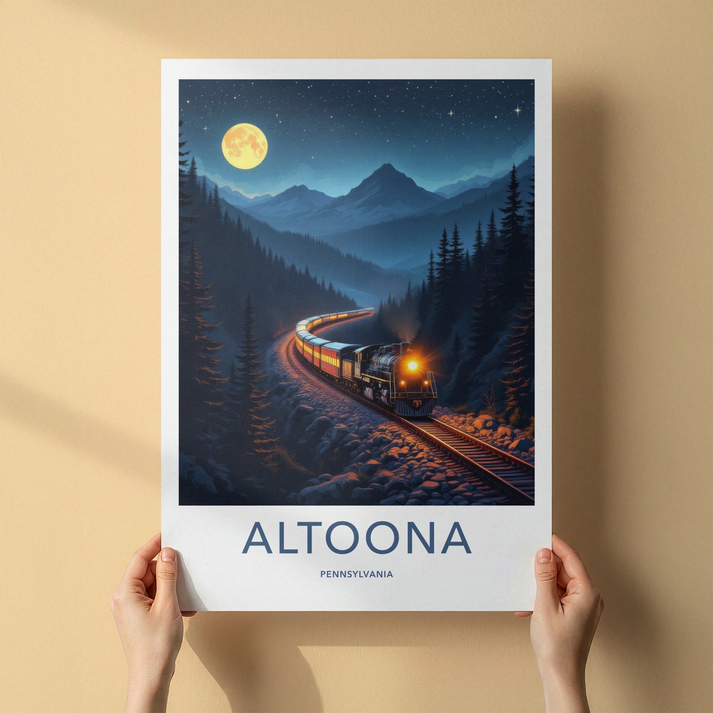 Altoona Poster - Pennsylvania Travel Art - Moonlit Train Mountains Home Decor