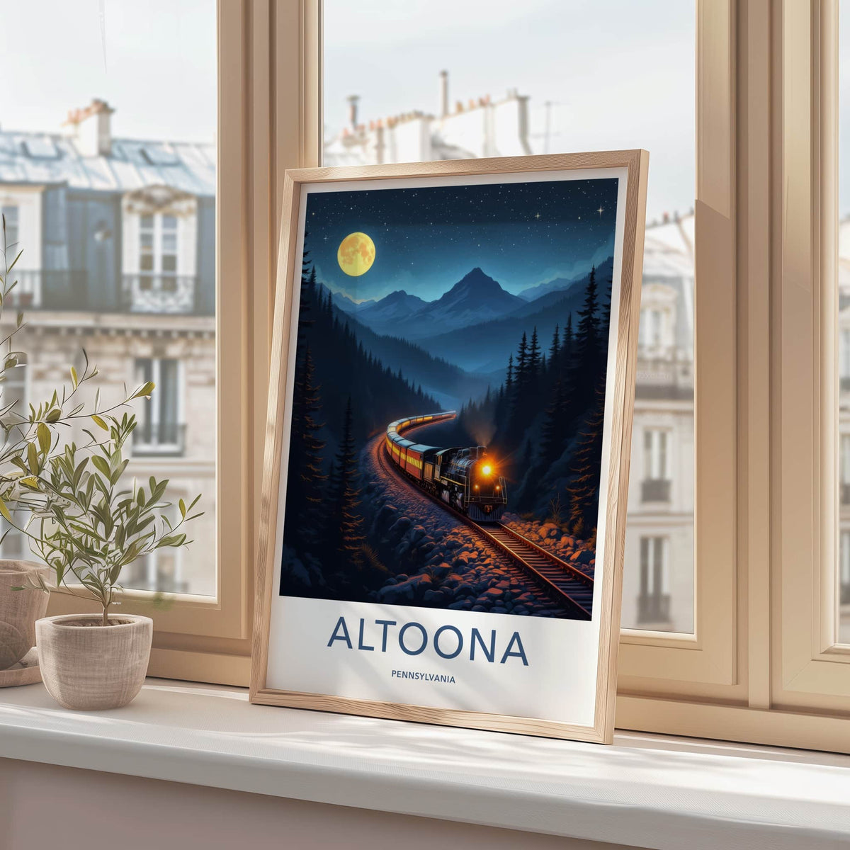 Altoona Poster - Pennsylvania Travel Art - Moonlit Train Mountains Home Decor