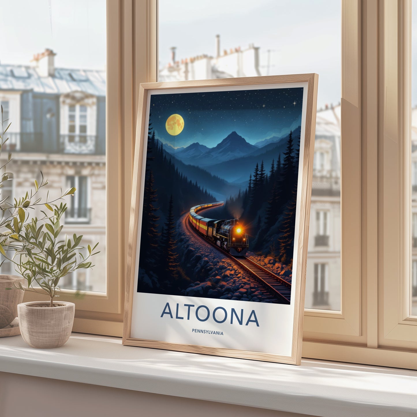 Altoona Poster - Pennsylvania Travel Art - Moonlit Train Mountains Home Decor