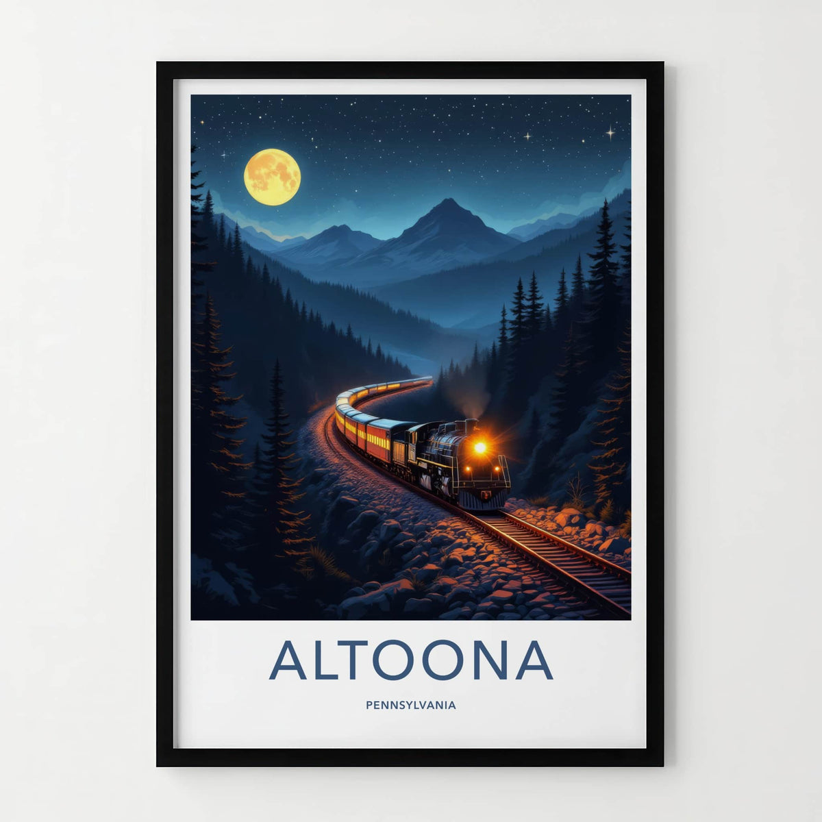 Altoona Poster - Pennsylvania Travel Art - Moonlit Train Mountains Home Decor