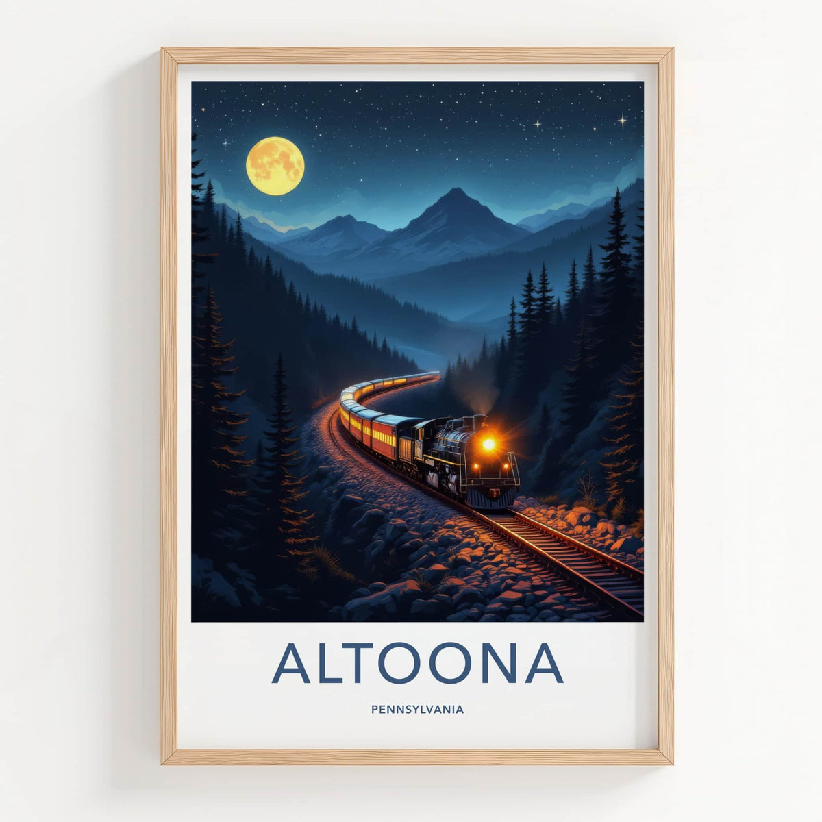 Altoona Poster - Pennsylvania Travel Art - Moonlit Train Mountains Home Decor