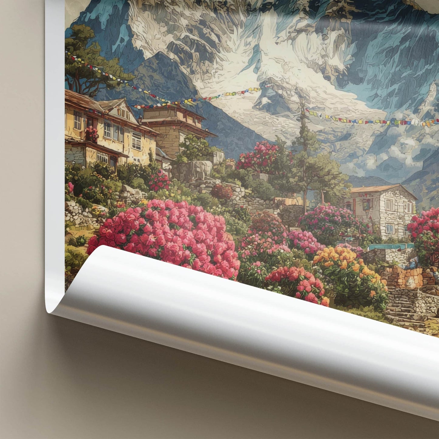 Ama Dablam Poster - Nepal Travel Art - Mountain Village Rhododendrons Gallery Art