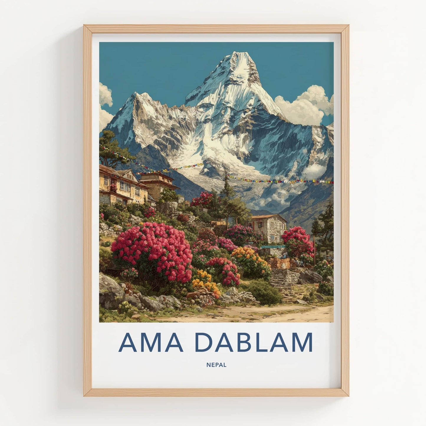 Ama Dablam Poster - Nepal Travel Art - Mountain Village Rhododendrons Gallery Art