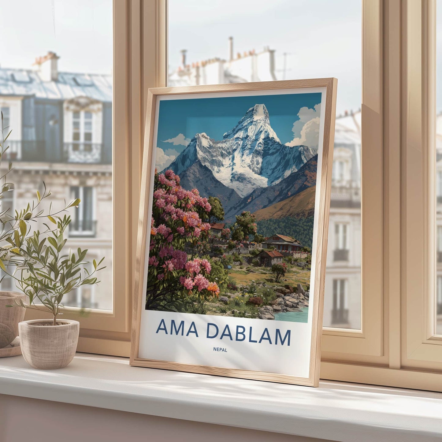 Ama Dablam Poster - Nepal Travel Art - Pink Flowers Village Gallery Art
