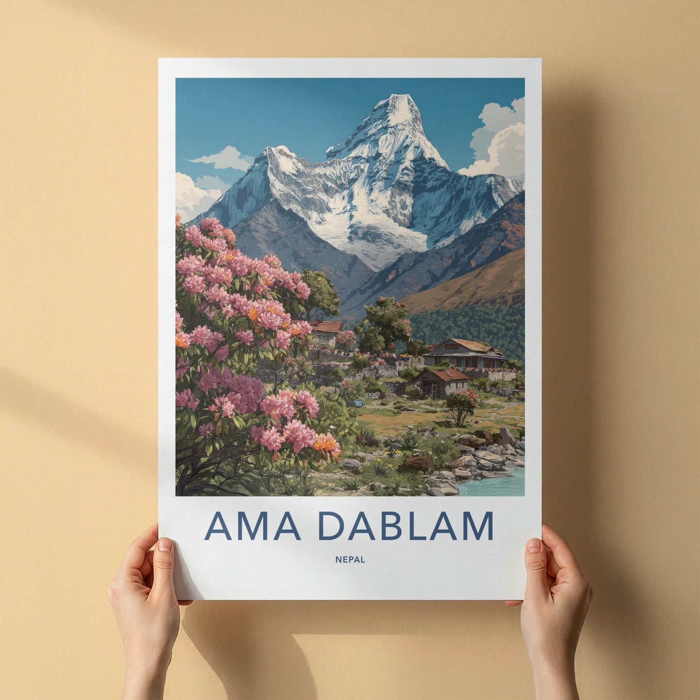 Ama Dablam Poster - Nepal Travel Art - Pink Flowers Village Gallery Art