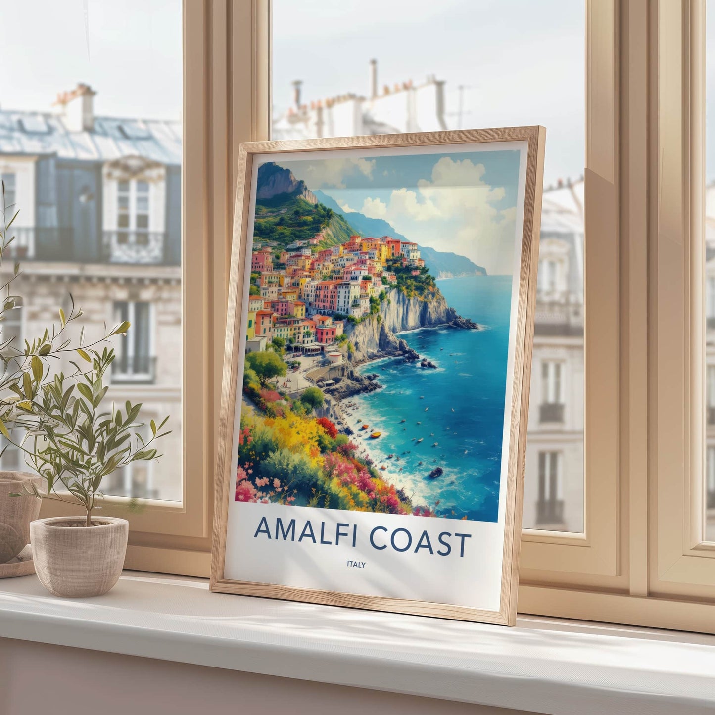 Amalfi Coast Poster - Italy Framed Art - Colorful Cliffside Village Home Decor