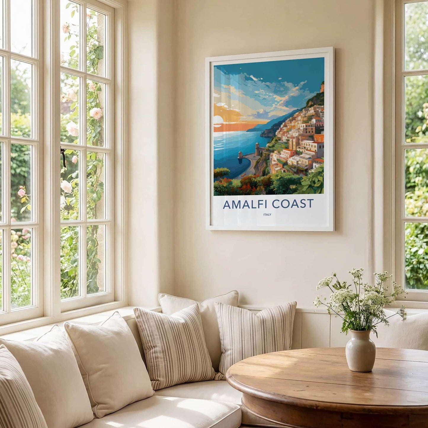 Amalfi Coast Poster - Italy Travel Art - Coastal Village Sunset Home Decor