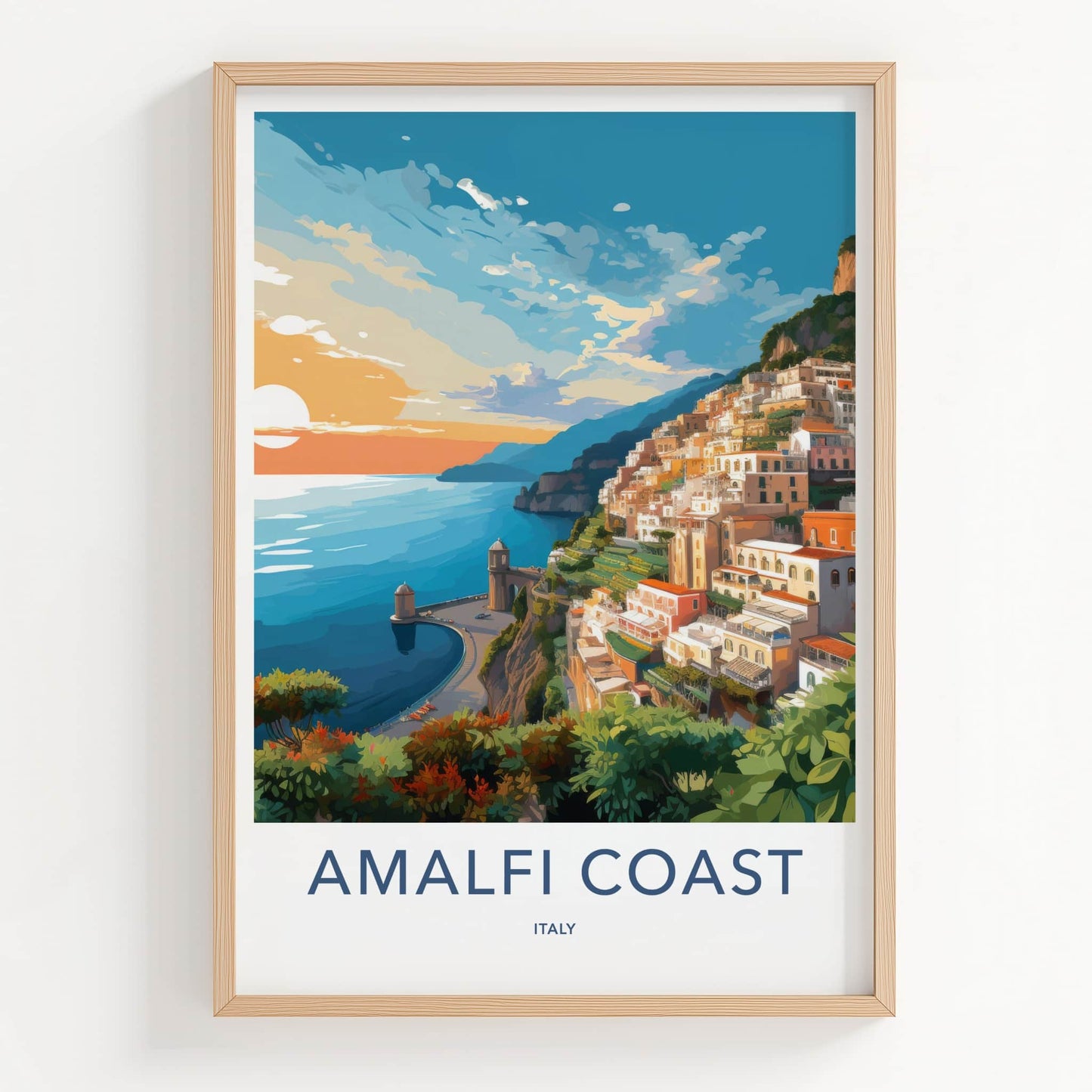 Amalfi Coast Poster - Italy Travel Art - Coastal Village Sunset Home Decor
