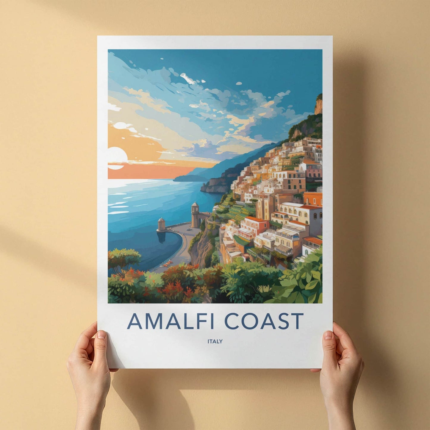 Amalfi Coast Poster - Italy Travel Art - Coastal Village Sunset Home Decor