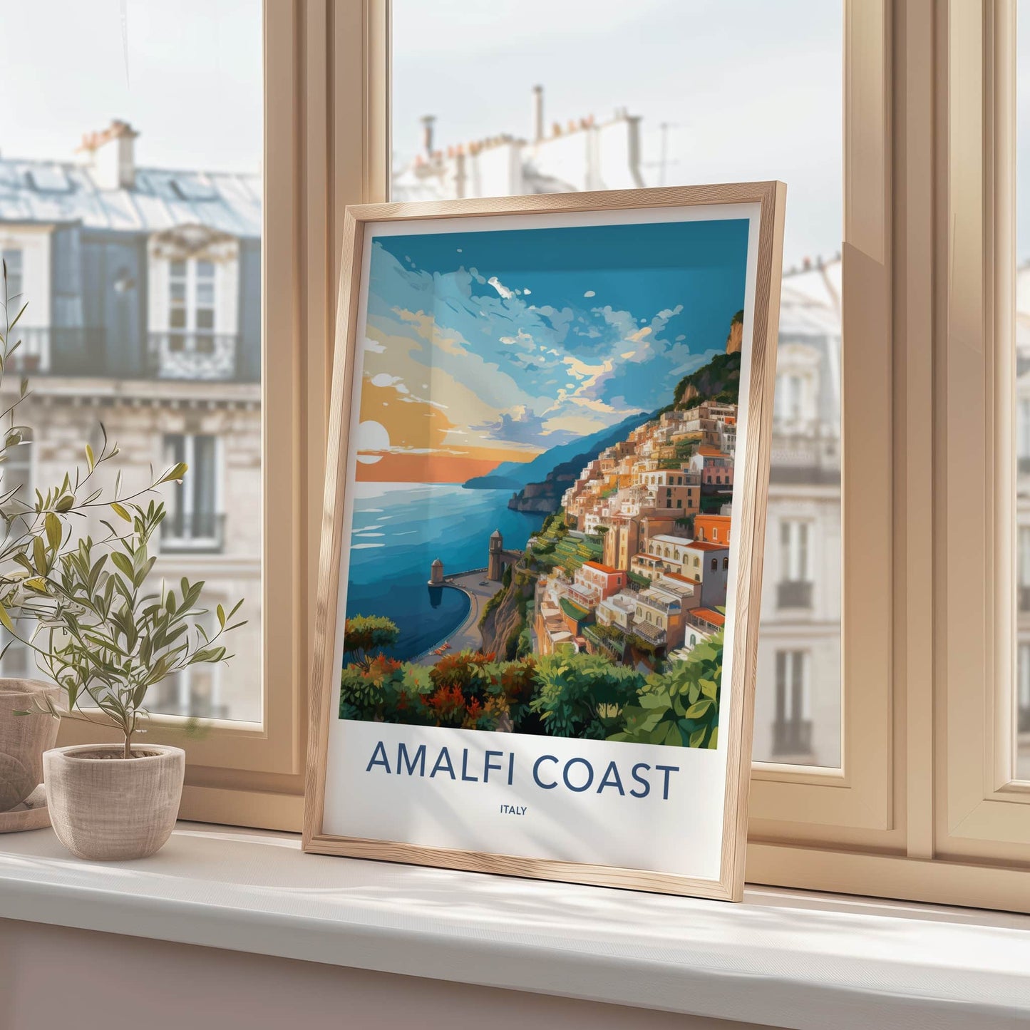 Amalfi Coast Poster - Italy Travel Art - Coastal Village Sunset Home Decor