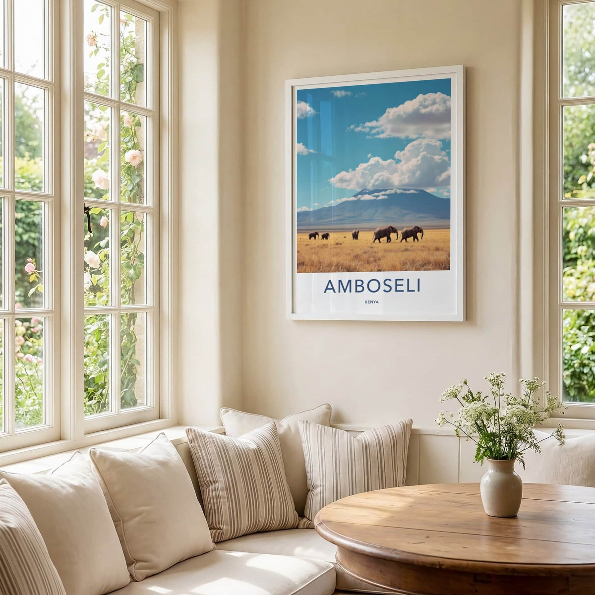 Amboseli Poster - Kenya Travel Art - Elephants Mount Kilimanjaro Home Decor