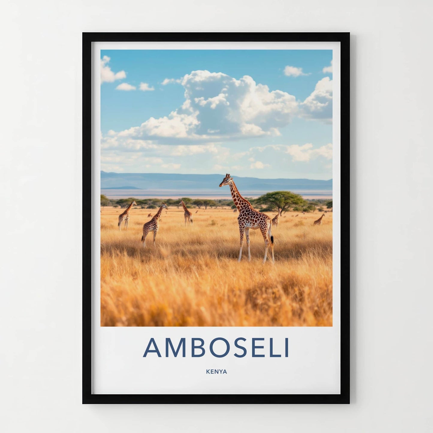 Amboseli Poster - Kenya Travel Print - Savanna Giraffes Sky Wall Decor