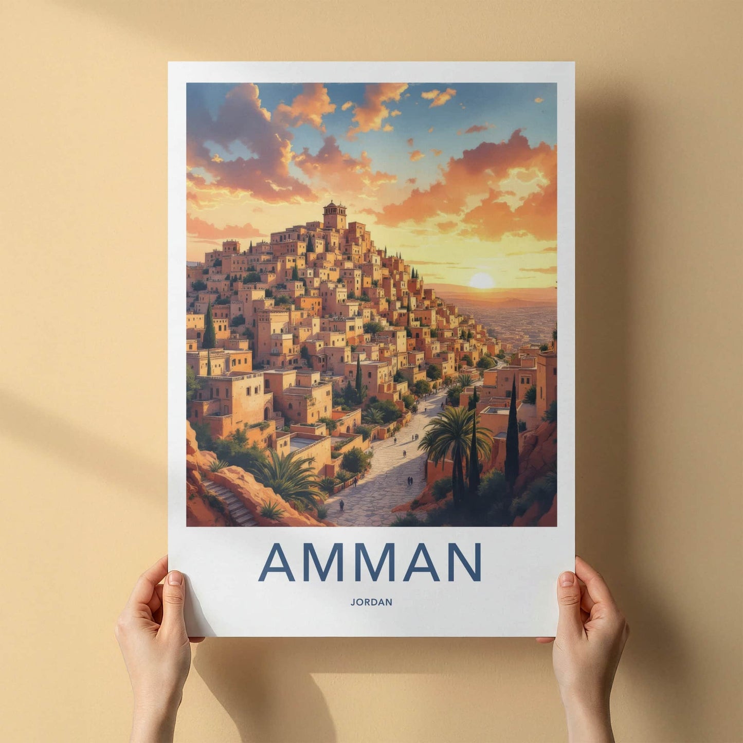 Amman Poster - Jordan Travel Art - Hillside City Sunset Wall Decor