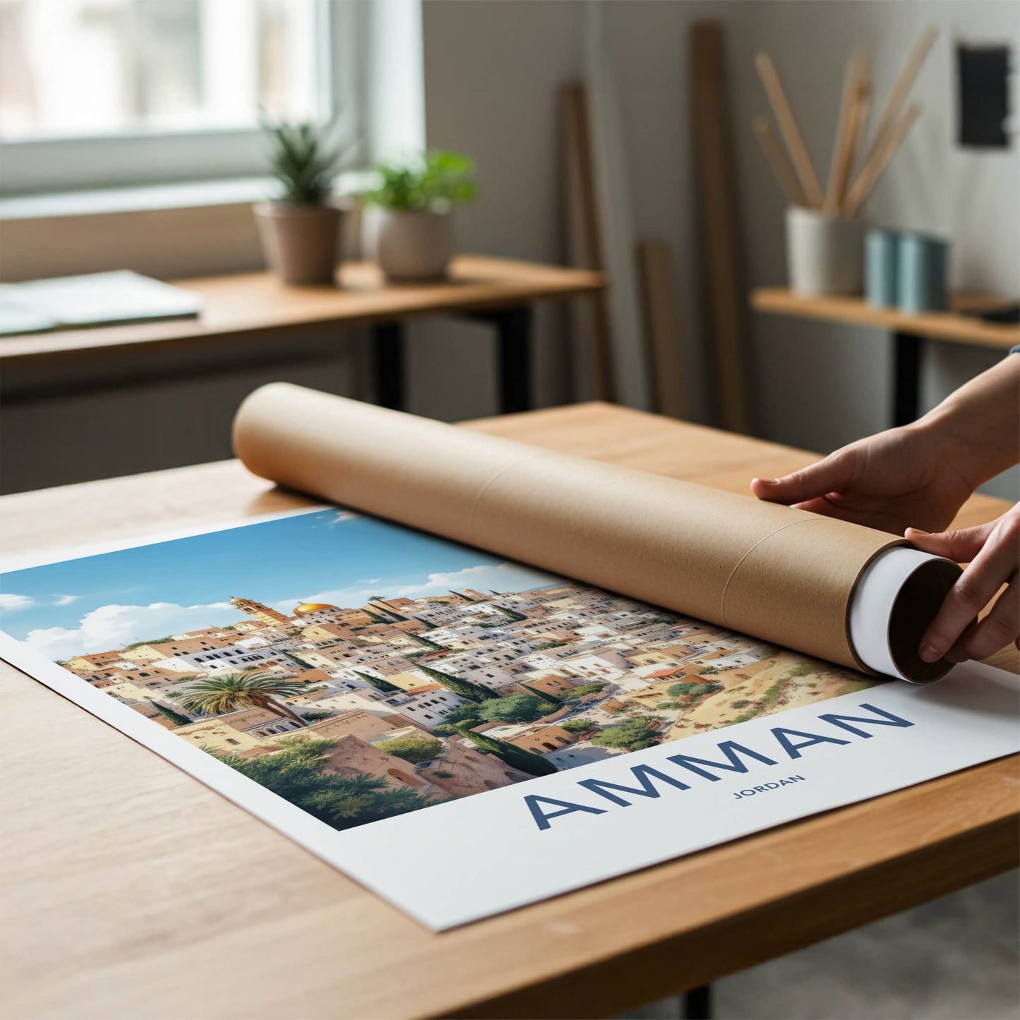 Amman Poster - Jordan Travel Art - Hillside Cityscape Golden Wall Decor