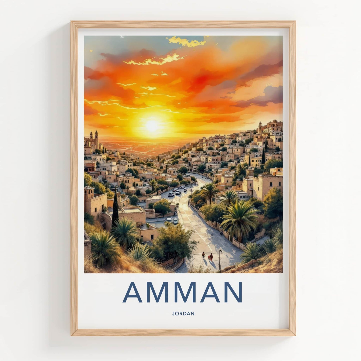 Amman Poster - Jordan Travel Art - Hillside Sunset City Home Decor
