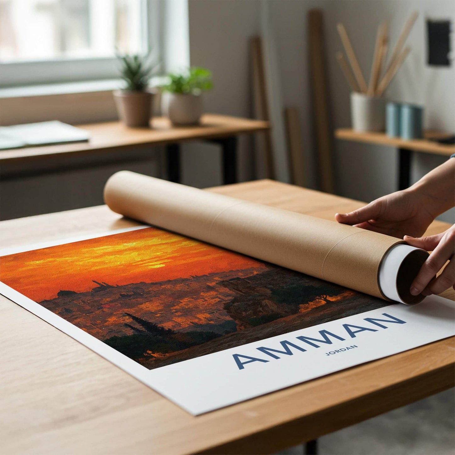 Amman Poster - Jordan Travel Art - Orange Sky Ruins Wall Decor